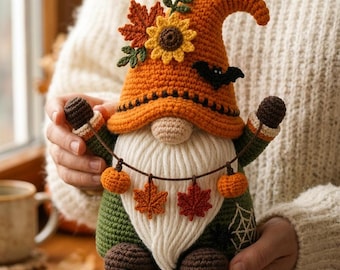 Autumn Harvest Crochet Gnome Decor, Fall Farmhouse Halloween Decoration, Handmade Knit Thanksgiving Tiered Tray Accent, Unique Gift
