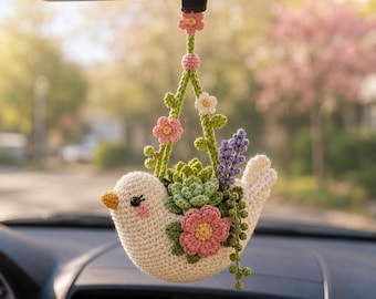 Handmade Crochet Bird Car Hanging, Floral Bird Rearview Mirror Charm, Cute Crochet Car Ornament, Gift for Bird Lovers