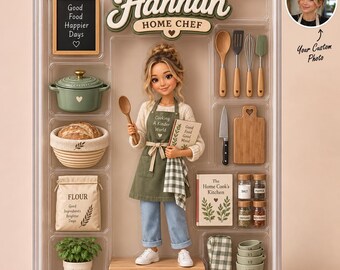 Personalized Home Chef Doll Display Box With Custom Photo, Unique Kitchen Decor Gift, Custom Cooking Enthusiast Art For Foodie Mom