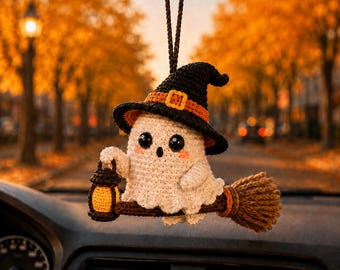 Straszny duch na Halloween, zawieszka do samochodu, szydełkowa miotła z duchem czarownicy, uroczy jesienny dodatek do samochodu, ręcznie robiony wieszak na lusterko wsteczne