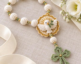 Elegant Crochet Dove Chaplet, Personalized First Holy Communion Rosary, Christening Wall Hanging, Nursery Room Decor, Catholic Heirloom Gift
