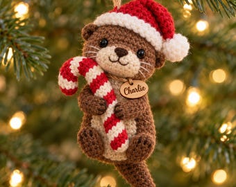 Personalized Crochet Otter Christmas Ornament, Crochet Xmas Decor, Cozy Holiday Decoration