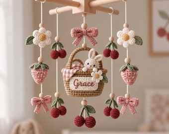 Personalized Crochet Baby Mobile With Bunny And Fruit Dangles, Custom Name Nursery Decor, Handmade Baby Shower Gift For Girl