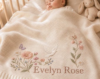Personalized Baby Name Blanket, Floral Dove Nursery Throw, Embroidered Newborn Keepsake, Baby Shower Baptism Gift for Girl, first gift
