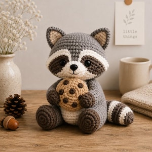 May include: A gray and white crocheted raccoon plush toy sitting upright. The raccoon has black button eyes, a small black nose, and is holding a round, tan crocheted cookie with dark brown embroidered chocolate chips in its front paws.