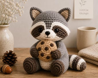 Handmade Crochet Raccoon Plushie With Cookie Amigurumi Animal Stuffed Toy Woodland Nursery Decor Baby Shower Gift Kids Room Accent