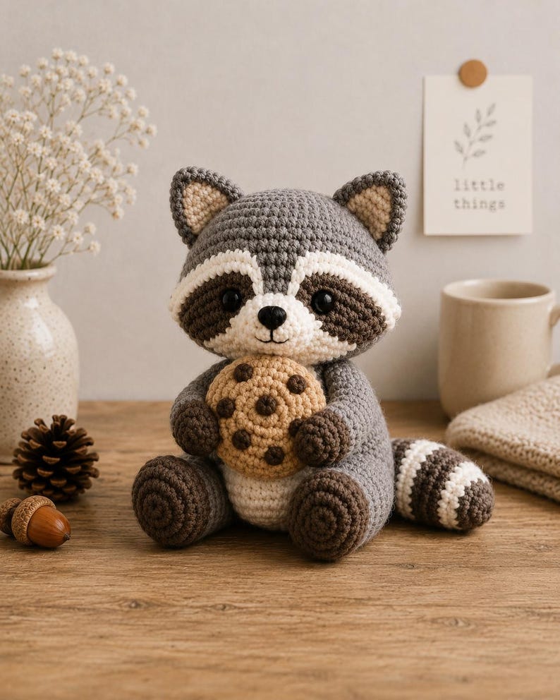 May include: A gray and white crocheted raccoon plush toy sitting upright. The raccoon has black button eyes, a small black nose, and is holding a round, tan crocheted cookie with dark brown embroidered chocolate chips in its front paws.
