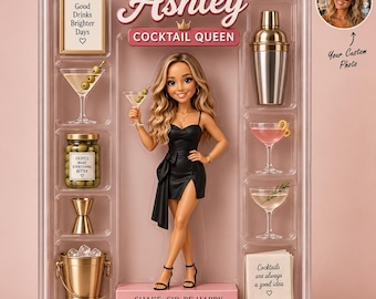 Custom Cocktail Queen Doll Box, Personalized Bachelorette Party Gift, Birthday Present For Her, Martini Lover Keepsake Decor