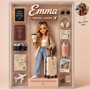 May include: A doll set in a clear display box featuring the name Emma and the text Travel Lover. The doll wears a white top, beige cardigan, and blue jeans, holding a coffee cup. Accessories include a camera, passport, suitcase, headphones, sunglasses, a toy airplane, a compass, and travel-themed cards with text.