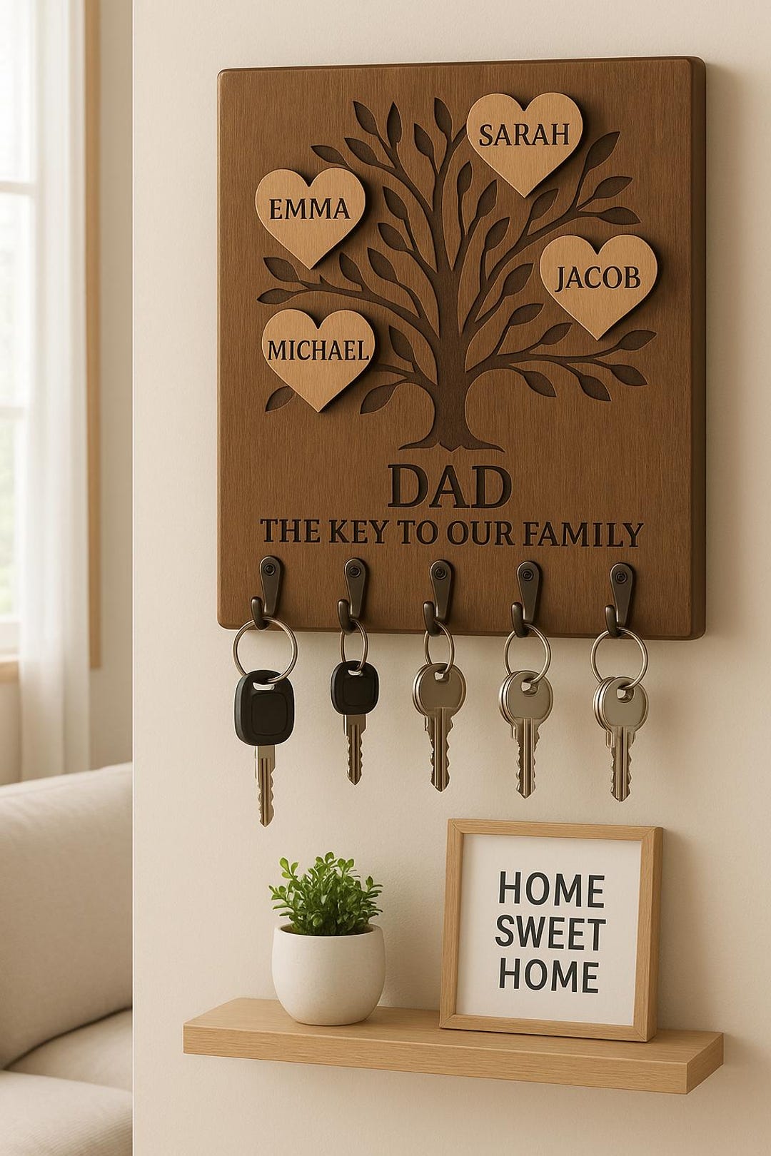 Personalized Wooden Family Tree Key Holder – Engraved Names Dad Gift - Etsy
