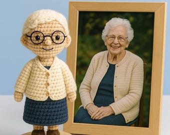Personalized Crochet Memorial Doll: Engraved Wood Base, NFC Memory Option