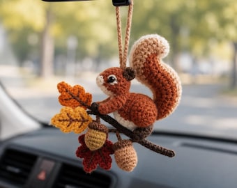 Crochet Squirrel Car Charm Hanging, Autumn Woodland Rear View Mirror Decor, Handmade Fox Squirrel Ornament, Fall Car Accessory Gift