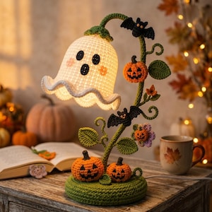 Adorable Crochet Ghost Halloween Lamp, Handmade Pumpkin Bat Night Light, Unique Spooky Table Decor, Kids Room Gift Idea