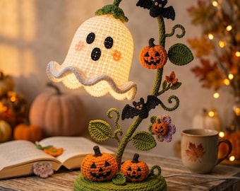 Adorable Crochet Ghost Halloween Lamp, Handmade Pumpkin Bat Night Light, Unique Spooky Table Decor, Kids Room Gift Idea