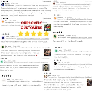 May include: A digital collage of customer reviews featuring five yellow stars in the center and the red text OUR LOVELY CUSTOMERS. The image displays multiple five-star ratings, usernames, dates, and written feedback regarding various handmade crochet items.