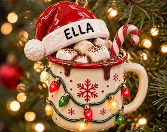 Personalized Hot Cocoa Ornament, Custom Name Christmas Tree Decor, 3D Relief Print Marshmallow Mug Gift, Cozy Winter Keepsake