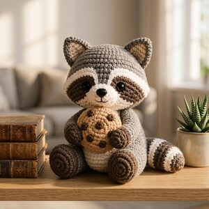 May include: A crocheted raccoon plush toy featuring grey, white, and dark brown yarn. The raccoon has a striped tail, black safety eyes, and is holding a round, tan crocheted cookie with dark brown spots in its front paws while sitting upright.