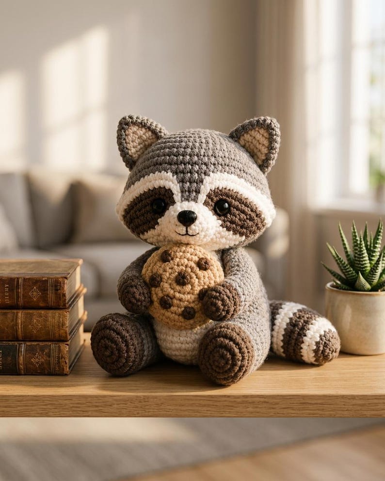 May include: A crocheted raccoon plush toy featuring grey, white, and dark brown yarn. The raccoon has a striped tail, black safety eyes, and is holding a round, tan crocheted cookie with dark brown spots in its front paws while sitting upright.