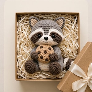 May include: A crocheted raccoon plush toy with gray and white fur, black eye patches, and a small black nose. The raccoon is holding a tan, round chocolate chip cookie with dark brown spots. It is nestled inside a square cardboard gift box.