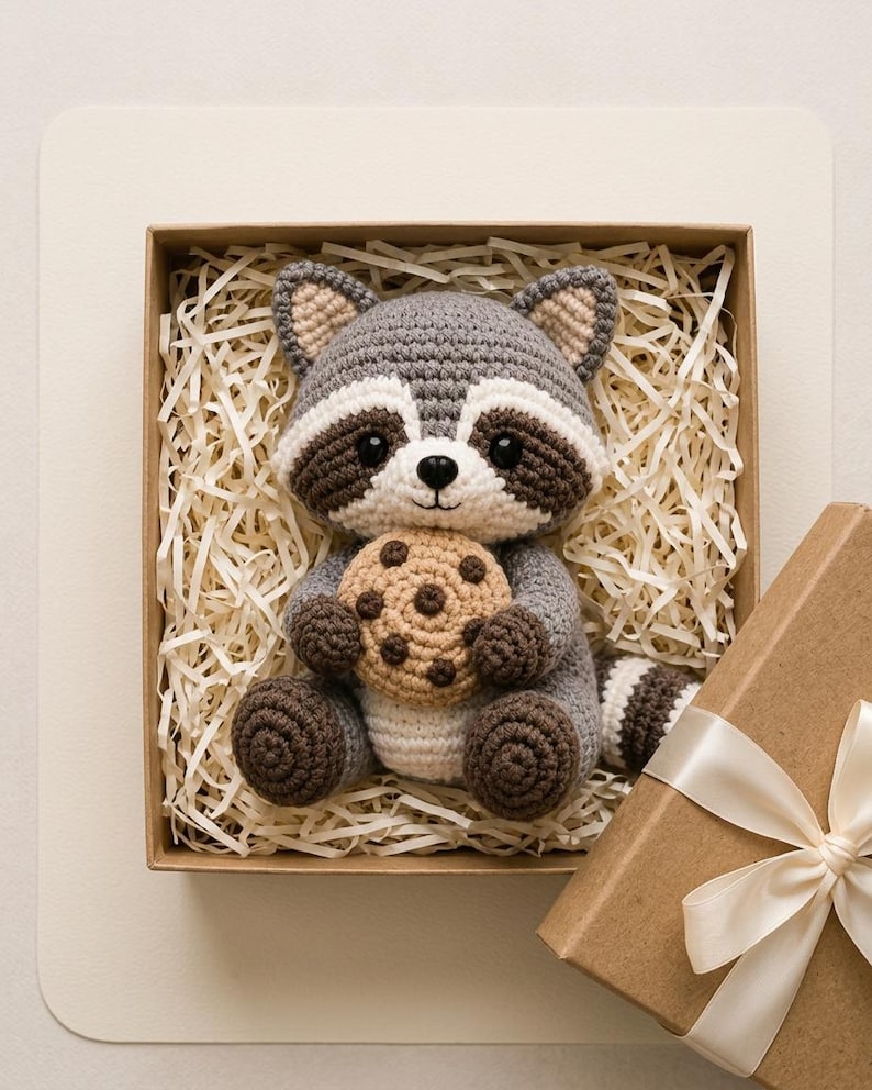 May include: A crocheted raccoon plush toy with gray and white fur, black eye patches, and a small black nose. The raccoon is holding a tan, round chocolate chip cookie with dark brown spots. It is nestled inside a square cardboard gift box.