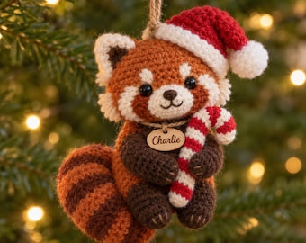 Personalized Crochet Red Panda Christmas Ornament, Crochet Xmas Decor, Cozy Holiday Decoration