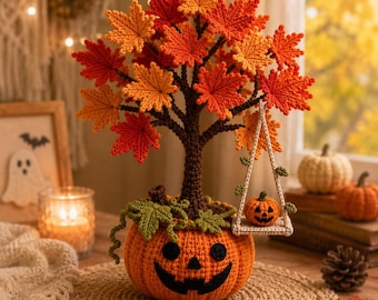 Crochet Halloween Tree Decor, Pumpkin Amigurumi Centerpiece, Fall Maple Leaf Tree, Jack O Lantern Table Decoration, Autumn Gift