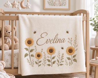 Personalized Baby Name Blanket, Sunflower Embroidered Nursery Throw, Custom Newborn Keepsake, Baby Shower Birthday Christmas Gift