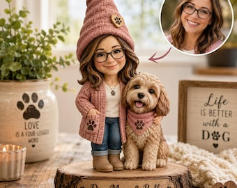 Personalized Dog Mom Gnome Figurine with Dog, Custom Face Pet Owner Gift, Dog Memorial Gift, Custom Pet Mom Keepsake
