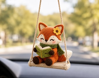 Crochet Fox Car Charm, Reading Fox Rearview Mirror Hanger, Book Lover Car Accessory, Cute Woodland Animal Car Decor, Crochet Swing Ornament