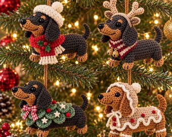 Handmade Crochet Dachshund Christmas Ornaments, Festive Holiday Decor, Cozy Winter Gift