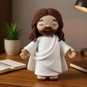 Puede incluir: Muñeco de ganchillo que representa una figura religiosa, con cabello y barba castaños, vestido con una túnica blanca y un chal. El muñeco tiene los ojos cerrados y los brazos extendidos. Sobre una superficie de madera.
