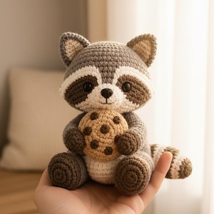 May include: A small, handcrafted crochet raccoon toy featuring grey and white yarn, black button eyes, and a small black nose. The raccoon is sitting and holding a round, tan-colored crochet cookie with dark brown spots, and it has a striped tail.
