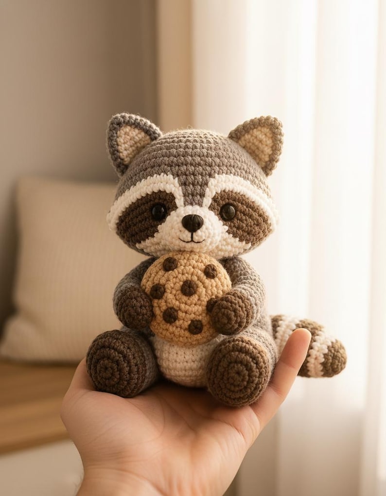 May include: A small, handcrafted crochet raccoon toy featuring grey and white yarn, black button eyes, and a small black nose. The raccoon is sitting and holding a round, tan-colored crochet cookie with dark brown spots, and it has a striped tail.