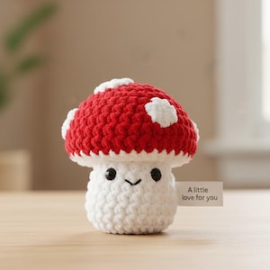Puede incluir: Un juguete de crochet con forma de hongo, con un sombrero rojo y manchas blancas, y un tallo blanco. El hongo tiene una cara sonriente con ojos negros. Una etiqueta dice "A little love for you."