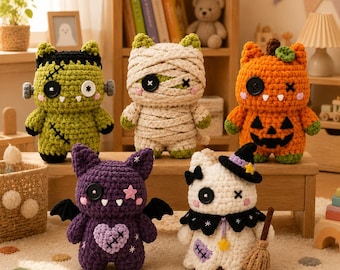 Cute Halloween Crochet Doll, Handmade Amigurumi Plush, Witch Ghost Bat Pumpkin Frankenstein Mummy, Halloween Shelf Decor Gift