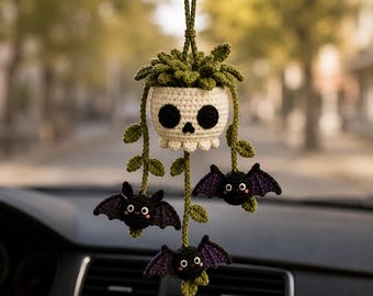 Crochet Skull Planter Car Charm With Bats, Halloween Rear View Mirror Accessory, Spooky Gothic Succulent Hanging Decor Gift