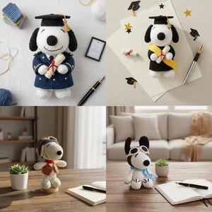 May include: Four images of Snoopy crocheted dolls in different outfits. One doll is dressed in a graduation cap and gown, holding a diploma. Another wears a pilot's cap and scarf. The other two dolls are also wearing graduation attire. Pens and notebooks are also visible.