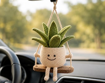 Handmade Crochet Succulent Car Charm, Cute Hanging Planter for Rearview Mirror, Amigurumi Plant Decor, Gift for Plant Lover