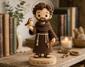 Handmade Saint Francis Crochet Figurine, Amigurumi Catholic Gift, Patron Saint Of Animals Home Altar Decor