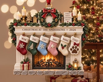 Personalized Family Christmas Fireplace Ornament With 6 Stockings | Custom Name & Year Holiday Decor | Fireplace Mantel Keepsake