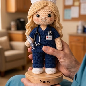 Può includere: Bambola infermiera all'uncinetto con uniforme blu, cappello bianco con croce rossa e stetoscopio. La bambola ha i capelli biondi e tiene una siringa. La bambola è su una base di legno con la scritta "Nurse".