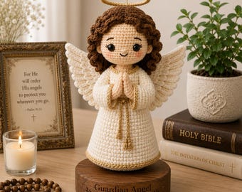 Handmade Crochet Guardian Angel Figurine With Wooden Base - Personalized Spiritual Gift for Baptism, Nursery Decor, Comfort