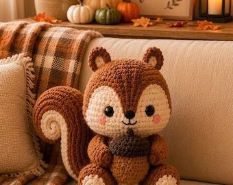 Handmade Crochet Squirrel Plush Toy Adorable Amigurumi Woodland Creature Fall Decor Nursery Stuffed Animal Autumn Gift Idea