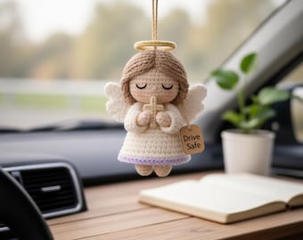Colgante de ganchillo con forma de ángel de la oración para coche, colgante para espejo retrovisor "Conduce con cuidado", regalo cristiano hecho a mano, accesorio de ángel guardián para coche