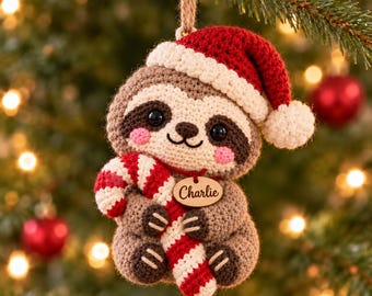 Personalized Crochet Sloth Christmas Ornament, Crochet Xmas Decor, Cozy Holiday Decoration, Handmade Winter Gift
