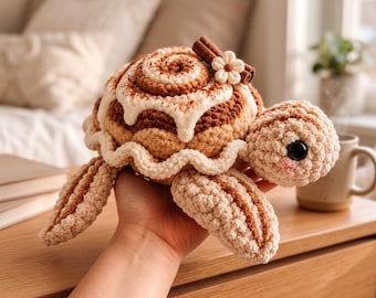 Handmade Crochet Turtle Plushie, Cute Cinnamon Roll Amigurumi Stuffed Animal, Unique Dessert Food Plush, Cozy Nursery Decor Gift