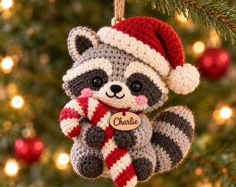 Personalized Crochet Raccoon Christmas Ornament, Crochet Xmas Decor, Cozy Holiday Decoration, Handmade Winter Gift