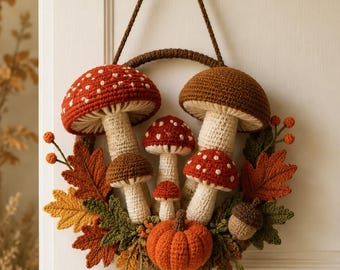 Handmade Crochet Autumn Mushroom Wreath For Fall Home Decor | Whimsical Woodland Door Hanger With Pumpkin & Leaves | Unique Seasonal Gift