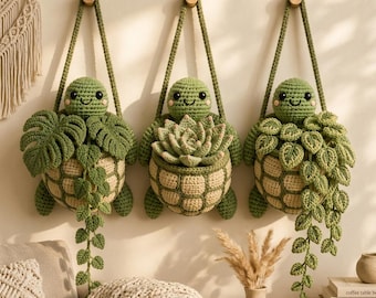 Crochet Turtle Hanging Planter, Turtle Wall Hanging Planter, Handmade Turtle Plant Holder, Crochet Succulent Planter, Boho Wall Planter