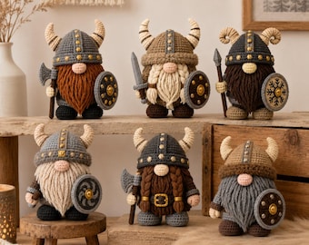 Crochet Viking Gnome, Handmade Norse Gnome Doll, Amigurumi Viking Decor, Scandinavian Gnome Gift, Nordic Warrior Plush, Viking Home Decor